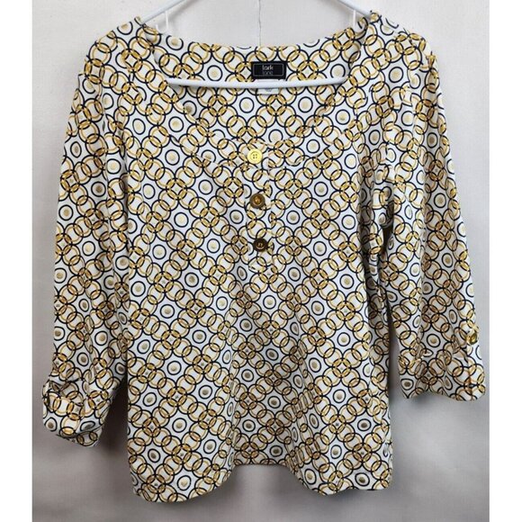 Lark Lane Yellow Blue Circle Print Qortek Button Tab Sleeve Blouse Medium - Picture 1 of 8